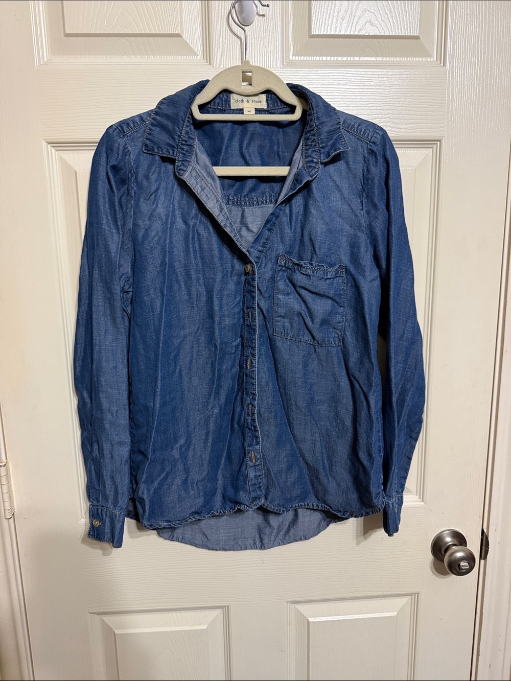 Lightweight Blue Denim Button-Up Shirt for Women